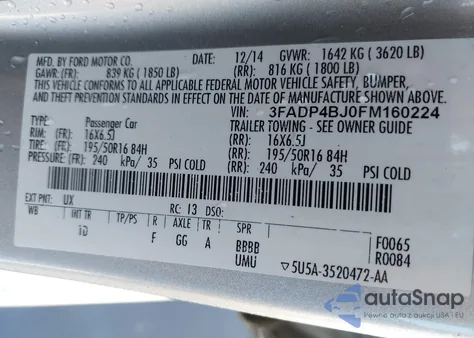 2015 Ford Fiesta Se z USA, uszkodzony, nr VIN 3FADP4BJ0FM160224